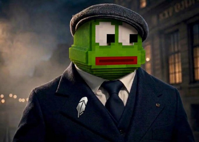 A stylized portrait of a figure wearing a vintage suit, tie, and flat cap, with a blocky, pixelated green Pepe the Frog face replacing their head, set against a dim, smoky urban background.