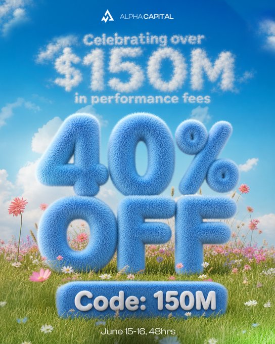 The image features a poster for an event, with a blue background featuring clouds and flowers. The text on the poster reads "Celebrating over $150m in performance fees" and "40% off code: 150M". The poster also includes a code that says "code: 150M", which is likely meant to be entered into a website or other online platform for users to receive a discount of 40% off.