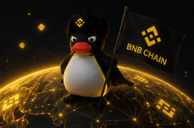 A cartoon penguin wearing a BNB-themed cap and cape stands triumphantly atop a glowing golden globe, holding a flag that reads "BNB CHAIN" alongside the BNB logo. The image reinforces the post's message of missing someone on the BNB Chain by depicting a strong, iconic mascot symbolizing the platform's global presence.