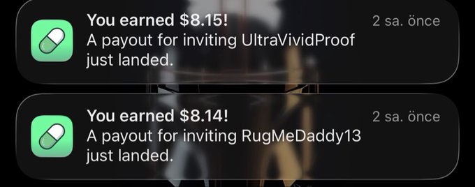Two mobile notifications showing referral earnings: "You earned $8.15! A payout for inviting UltraVividProof just landed." and "You earned $8.14! A payout for inviting RugMeDaddy13 just landed."