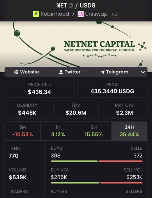 A cryptocurrency tracking page for the NET/USDG trading pair on Uniswap V2, showing NETNET CAPITAL ('Value Investing for the Digital Frontier') at $436.34 USD with a $2.3M market cap and 36.44% 24H gain.