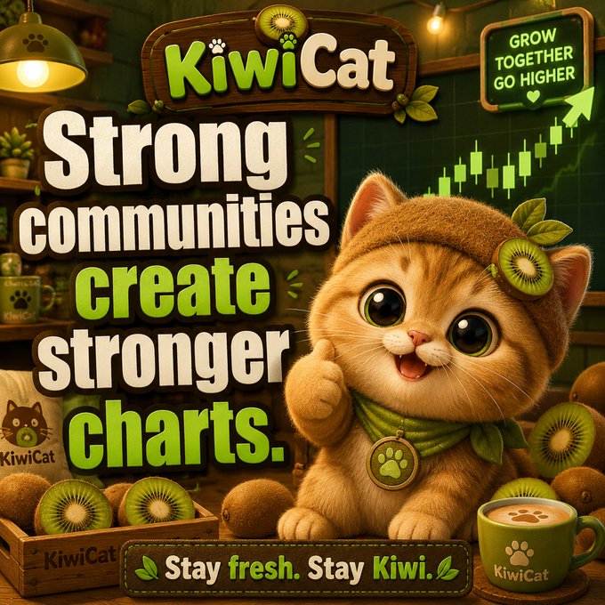 A cute orange cat wearing a kiwi-slice headband gives a thumbs up next to the text "KiwiCat Strong communities create stronger charts." with "Stay fresh. Stay Kiwi." at the bottom.
