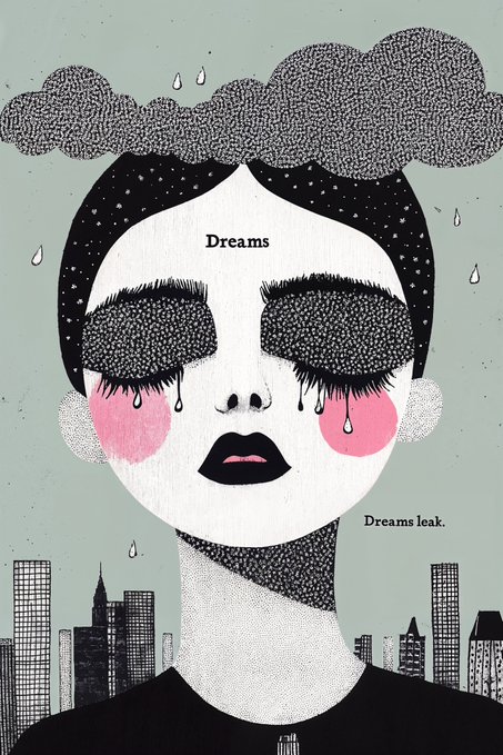 An artistic illustration of a person with closed eyes and tears falling from them, with "Dreams" written on the forehead and "Dreams leak." beside the face, set against a city skyline.