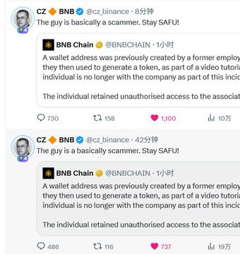 The image shows two tweets from CZ (CZ_BNB) responding to a BNB Chain (@BNBCHAIN) official announcement, warning users with "The guy is basically a scammer. Stay SAFU!" Both tweets quote the same BNB Chain statement explaining that a wallet address was previously created by a former employee for a video tutorial and used to generate a token, after which the individual retained unauthorized access to the associated accounts.