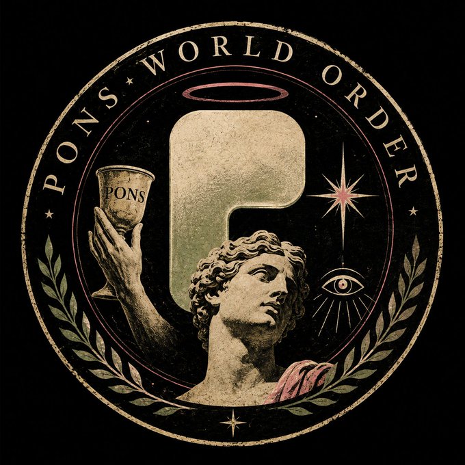 The image is a circular emblem reading "PONS ★ WORLD ORDER" featuring a classical statue holding a chalice labeled "PONS," alongside a large "P" monogram, a halo, an all-seeing eye, and a star—visually symbolizing the rallying call in the post for builders, researchers, traders, and creators to organize behind the $PONS crypto app.