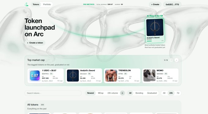 The image shows a token launchpad platform on Arc with a "Top market cap" section featuring "Ardori's Sword" highlighted as "King of the hill," alongside tokens like 1 USDC at $0.87 and TRENDLOLON. This relates to the post by showcasing the Arc token launchpad where Lift operates, featuring recently launched tokens and trading metrics ahead of Arc Public Mainnet.