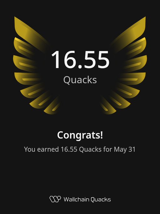 "You earned 16.55 Quacks for May 31 Congrats! You are a great asset to @wallchainQuacks".