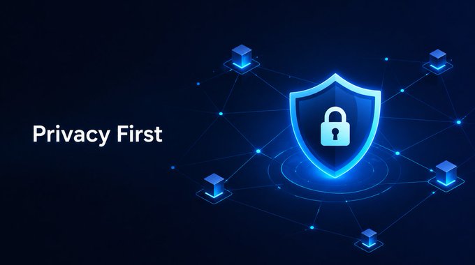 A digital graphic displaying the text 'Privacy First' next to a glowing blue shield with a padlock icon, connected to a network of cube nodes on a dark blue background.