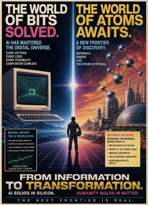 A stylized magazine-style poster contrasts "The World of Bits Solved" — featuring a retro computer, grid landscapes, and an "AI Revolution" sidebar — with "The World of Atoms Awaits," showing a futuristic physical-world cityscape and a "Beyond Silicon" sidebar, as an astronaut stands at the dividing line between the two realms. The bold tagline "From Information to Transformation — AI Solves in Silicon, Humanity Builds in Matter" reinforces the post's message that the next frontier is the physical world.