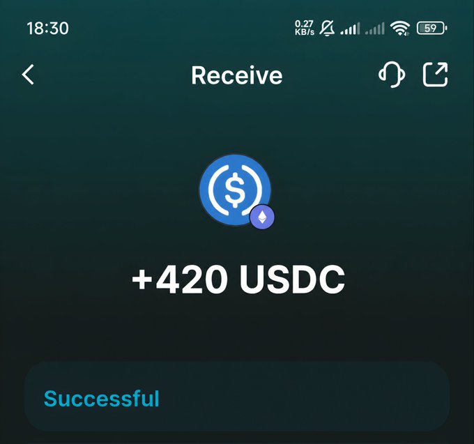 Cryptocurrency wallet app showing successful receipt of +420 USDC tokens.