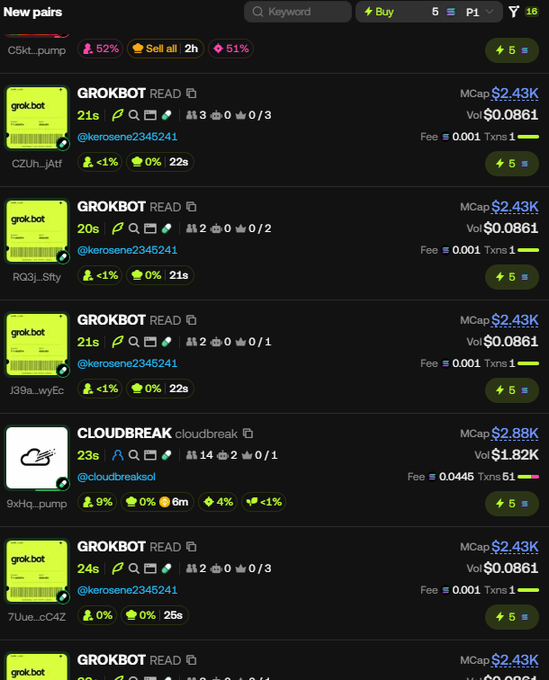 The image shows a meme token listing platform displaying numerous "GROKBOT" tokens created by @kerosene2345241 with a $2.43K market cap and $0.0861 volume, alongside a "CLOUDBREAK" token by @cloudbreaksol. This relates to the post's frustration about the proliferation of "Grokbot" tickers being launched by bots, with the poster criticizing the saturation of the meme token market with similar names.