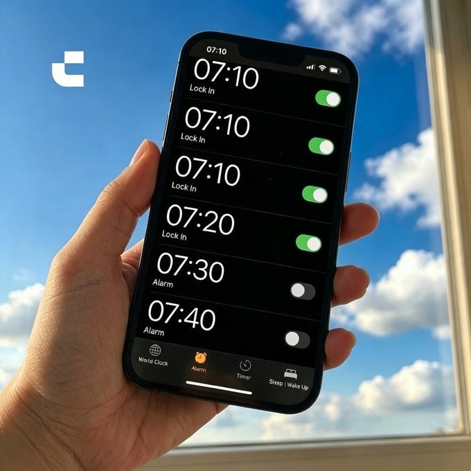 A hand holds an iPhone displaying six "Lock In" alarms set at 7:10 and one "Alarm" at 7:30 in the Clock app, humorously illustrating the meme's question about how many alarms are needed to actually wake up.