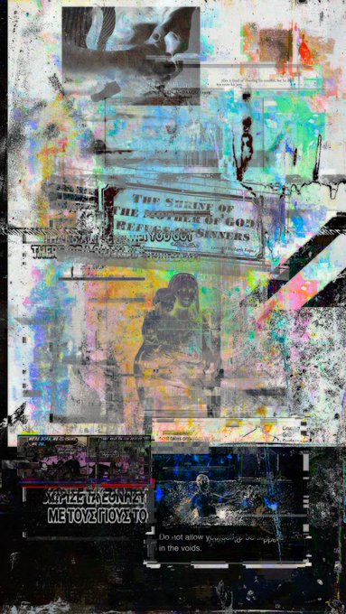 A glitchy, layered digital collage featuring text like 'THE SHRINE OF THE MOTHER OF GODS' and 'Do not allow yourself to be consumed in the voids.' alongside distressed imagery and paint splatters.