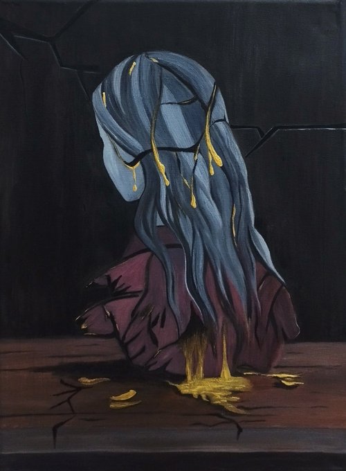 A painting of a figure with dark blue hair, cracked across the back, from which golden liquid resembling molten gold drips and pools at the base—visually representing the post's message about transmuting pain and failure into something valuable.