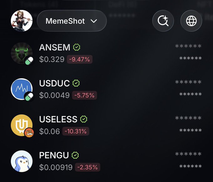 Screenshot of the 'MemeShot' app showing cryptocurrency prices with tickers ANSEM ($0.329, -9.47%), USDUC ($0.0049, -5.75%), USELESS ($0.06, -10.31%), and PENGU ($0.00919, -2.35%).