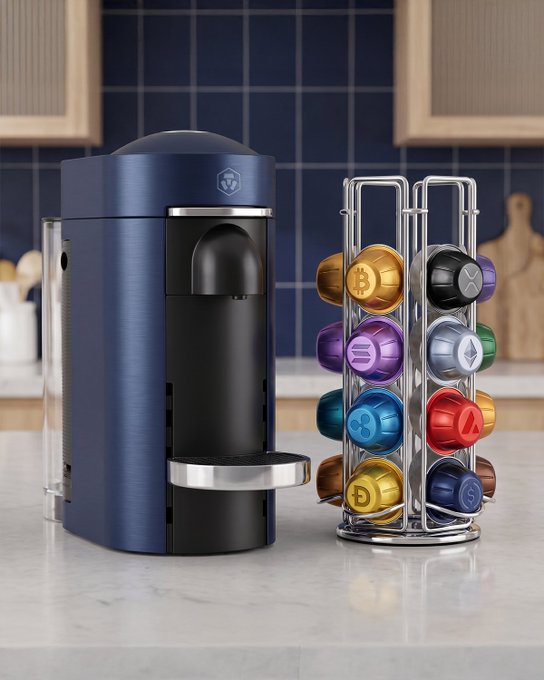 A blue Nespresso coffee machine sits on a kitchen counter next to a carousel holder filled with colorful coffee pods, including Bitcoin-branded capsules. The image creatively links cryptocurrency "pods" to coffee pods, illustrating how certain crypto investments—like Bitcoin—have grown on people over time as their value and appeal develop with familiarity.