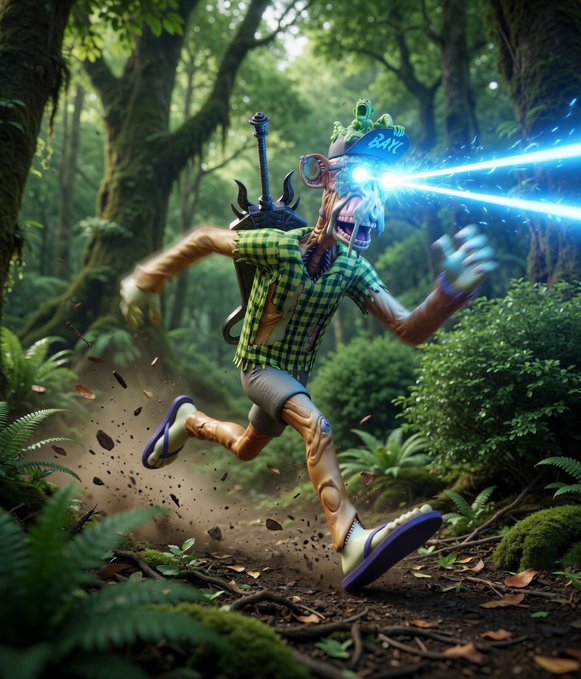The image features a cartoon character, possibly a frog or a monster, running through a forest with a guitar case attached to its back. The character appears to be wearing glasses and has a green shirt. The background of the image shows trees and bushes in various shades of green, creating a natural setting for the scene. The caption "GM @BoredApeYC" suggests that this artwork might have been created by someone named GM @BoredApeYC or is related to the post about GM @BoredApeYC.