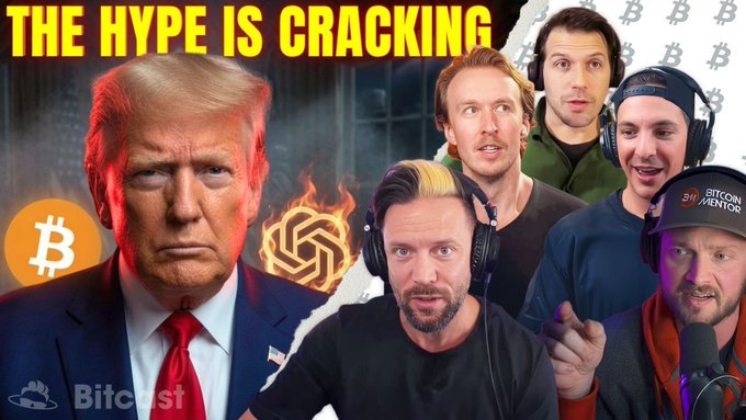 The image is a YouTube thumbnail for "Bitcst" featuring Donald Trump, the ChatGPT logo engulfed in flames, and several men seemingly discussing the topic. The title "THE HYPE IS CRACKING" suggests a critical take on current trends, aligning with the post's announcement of the "entire gang" being back to discuss it.