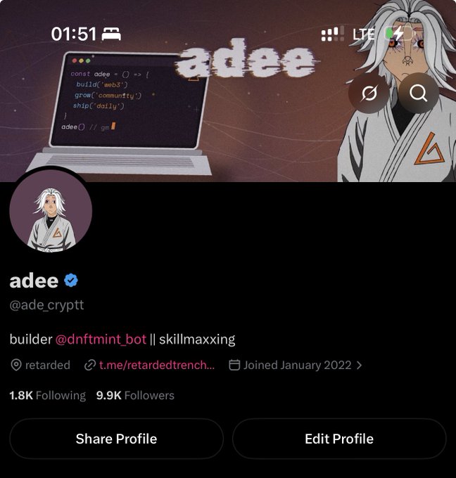 A Twitter (X) profile screenshot of user "adee" (@ade_cryptt), showing an anime-style avatar, a header featuring code ("const adee = () => { build('web3') grow('community') ship('daily') }") with the name "adee," a bio reading "builder @dnftmint_bot || skillmaxxing," 9.9K followers, and a joined date of January 2022. The profile aligns with the post, confirming this is the backup account being used after the original was suspended.