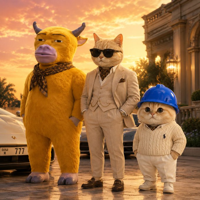 Three anthropomorphic animals—a yellow bull, a cat in a suit with sunglasses, and a small cat in a sweater and blue hard hat—pose together at sunset near a luxury car.