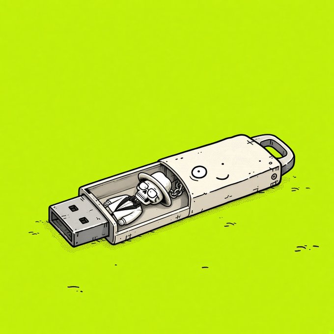 A stylized cartoon drawing on a lime green background depicting a USB flash drive with an anthropomorphic face and a small figure resembling a person inside its transparent casing.