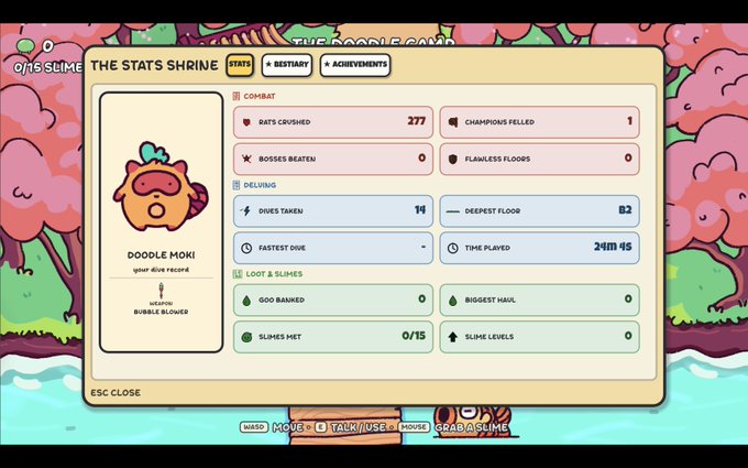 A screenshot from a game called 'The Tootle Lootle Game' showing 'THE STATS SHRINE' with character info for 'DOODLE MOKI' who 'your dive record' is 'Bubble Blowned', displaying stats like 277 rats crushed, deepest floor B2, and 0/15 slimes met.
