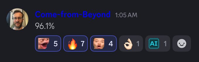 A Discord message from user "Come-from-Beyond" at 1:05 AM shows a 96.1% metric with reaction emojis (5 😝, 7 🔥, 4 😲, 1 👌, 1 🤖), visually emphasizing the achievement mentioned in the post about the Qubic community's AI model (@anna_aigarth) reaching unprecedented BTC price prediction accuracy.
