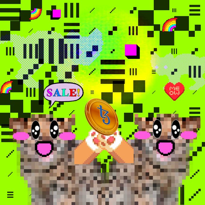 A vibrant, pixelated, meme-style artwork featuring two cute pixel creatures, a 'SALE!' speech bubble, a 'MEOW' pixel heart, rainbows, and a gold coin with a 't' logo.