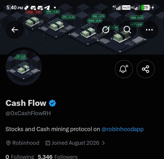 Twitter profile for "Cash Flow" (@0xCashFlowRH) describing a "Stocks and Cash mining protocol on @robinhoodapp" with banner showing tickers like GOOGL, AMD, SPY, QQQ, NVDA.