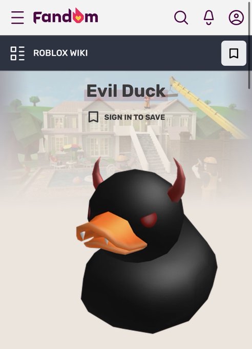 A Fandom wiki page displays a 3D render of a black rubber duck with red devil horns and glowing red eyes, labeled "Evil Duck" from the Roblox Wiki. The image relates to the post's mention of $EVIL DUCK, showing the specific NFT collection being gambled on alongside the $EPIK token bet.