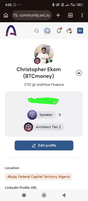 The image shows Christopher Ekom's (BTCmoney) profile on the Arc community platform, displaying his new Architect Tier 2 badge, which aligns with the post celebrating his achievement of reaching Tier 2 status as an "Architect" in the community. His profile lists him as CTO @ UnitFlow Finance, located in Abuja, Federal Capital Territory, Nigeria.