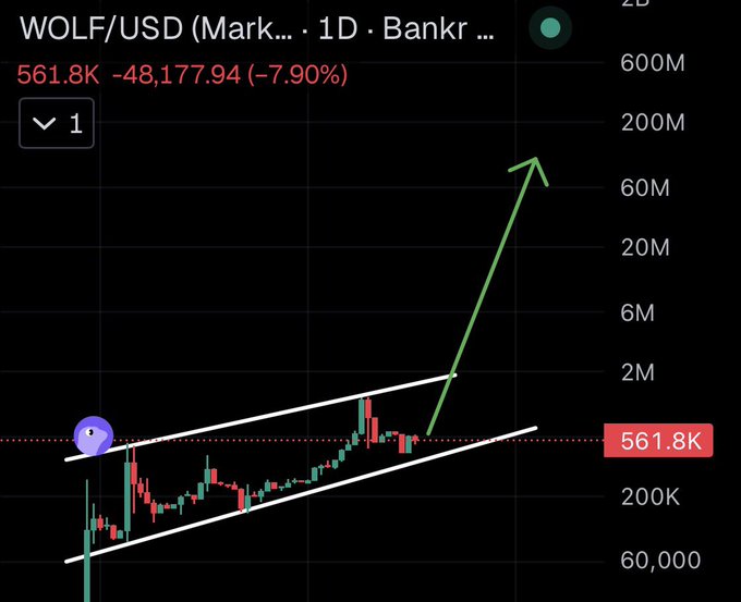 A WOLF/USD daily chart on Bankr shows an ascending channel pattern with the price at 561.8K, down 7.90% (-48,177.94), accompanied by a large green arrow projecting a breakout rally—visually reinforcing the post's bullish "when the party starts" thesis for $WOLF after a slow accumulation phase.
