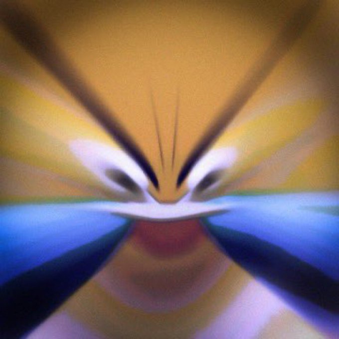 An abstract, symmetrical image with golden and blue colors featuring radiating lines and a mirrored face-like shape in the center.