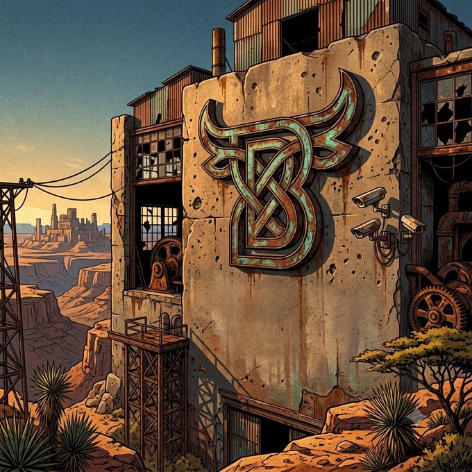 Stylized illustration of an industrial post-apocalyptic building featuring a metallic horned emblem, security cameras, and gears, set in a canyon landscape.
