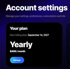 A mobile app screen displays "Account settings" with the user's plan shown as "Yearly" at "$499 / month" with a next billing date of "September 14, 2027" and a "Manage" button.