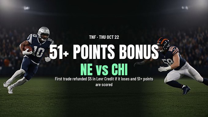 A football promotional graphic shows “TNF · THU OCT 22,” “51+ POINTS BONUS,” and “NE VS CHI,” with a note that the first trade refunded $5 in Levr Credit if the losing team scores 51+ points.