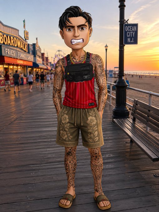 A stylized cartoon figure of a man with an angry expression, wearing a red striped tank top, olive green shorts, and extensive tattoos, stands on a boardwalk with a 'BOARDWALK FRIES' sign and an 'OCEAN CITY N.J.' sign visible in the background at sunset.