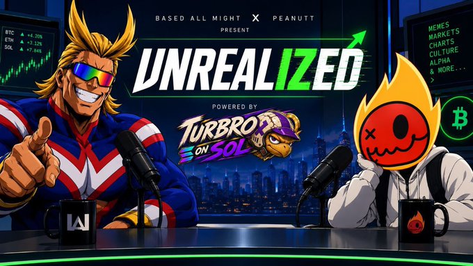 A promotional graphic for 'Based All Might x Peantt present UNREALIZED powered by Turbro on SOL', featuring anime-style characters and crypto ticker data including BTC, ETH, and SOL.