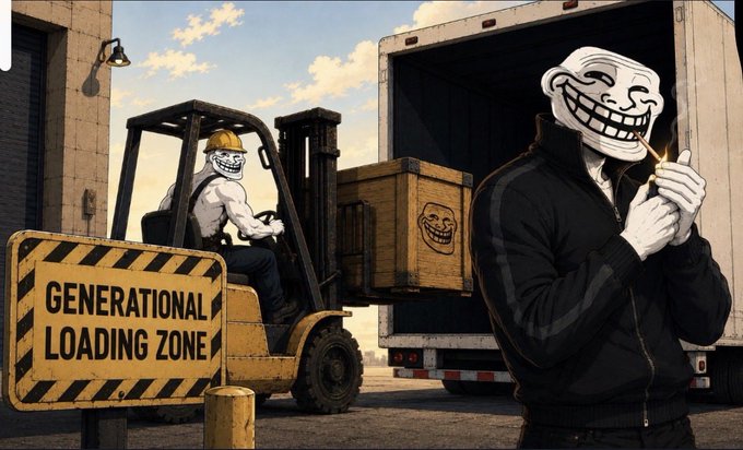 A digital illustration featuring trollface meme characters in a warehouse setting, with one operating a forklift near a 'GENERATIONAL LOADING ZONE' sign and another smoking in front of a truck.