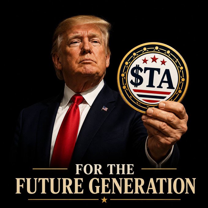 Donald Trump holds a gold-rimmed coin labeled "$TA" featuring red stars and stripes, with the text "FOR THE FUTURE GENERATION" displayed at the bottom.