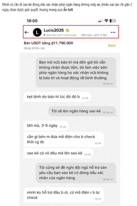 A Vietnamese chat screenshot with user 'Lucio2025' discussing banking issues and an USDT transaction of 11,790,000 đồng, with a caption about needing bank statements and a complaint about delayed order delivery.