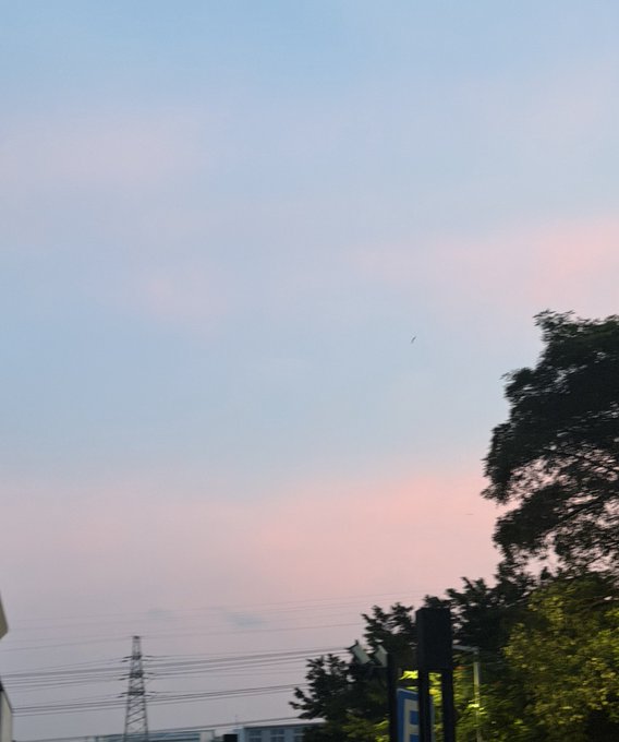 A serene twilight sky in soft pastel hues of blue and pink stretches above power lines and tree silhouettes, with no visible text or logos relating to the 0G Labs job announcement post.