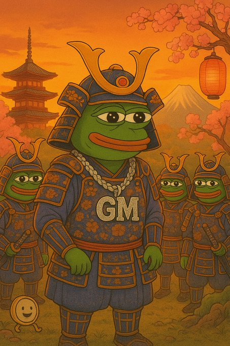 A digital illustration of Pepe the Frog dressed as a samurai in ornate armor with "GM" on the chest plate, surrounded by smaller samurai frogs against an orange sunset with a pagoda and Mt. Fuji.
