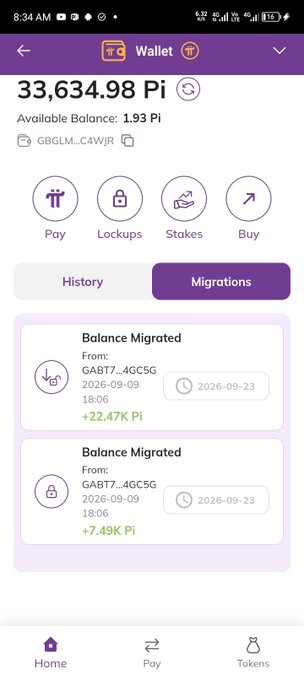 A Pi Network wallet screenshot showing a total balance of 33,634.98 Pi (with 1.93 Pi available) and migration history entries of +22.47K Pi and +7.49K Pi credited from GABT7..4GC5G on 2026-09-23, illustrating the surprise second migration rewards mentioned in the post.