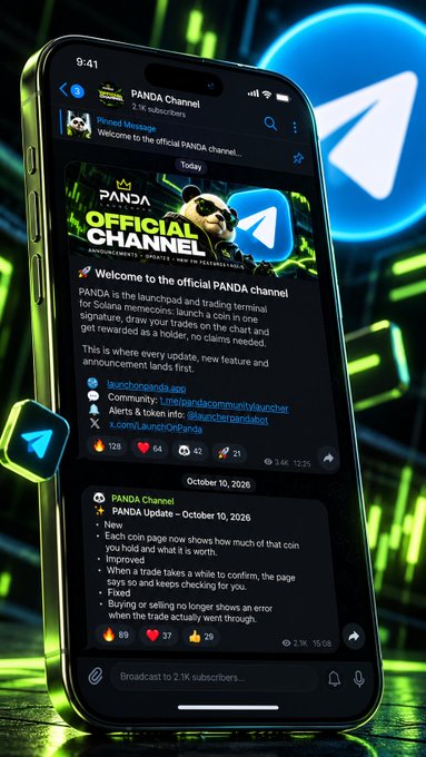 A smartphone displays the PANDA channel on Telegram with 2.1K subscribers, featuring the 'OFFICIAL CHANNEL' banner with a panda mascot and update notes dated October 10, 2026.