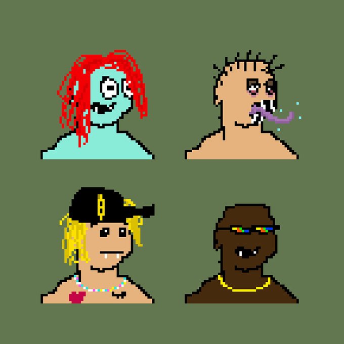 Four pixel-art character portraits on a dark olive background: a blue figure with red dreadlocks, a beige figure drooling with a purple tongue, a blonde figure in a backwards cap with a beaded necklace, and a dark-skinned figure with rainbow sunglasses and a gold chain.