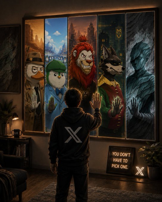 A person wearing a black hoodie with an "X" logo on the back stands facing a large poster depicting five anthropomorphic animal characters, with a glowing sign reading "YOU DON'T HAVE TO PICK ONE." displayed below.