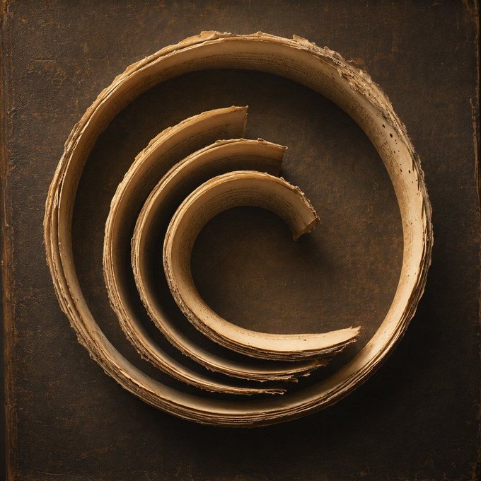A spiral-shaped object made of curled paper or parchment resting on a dark, textured brown surface.