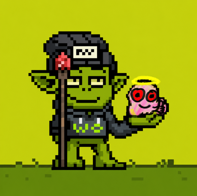 A pixel art illustration shows a green goblin-like character holding a staff with a mushroom and a small pink angel character with a halo and red eyes against an olive green background.
