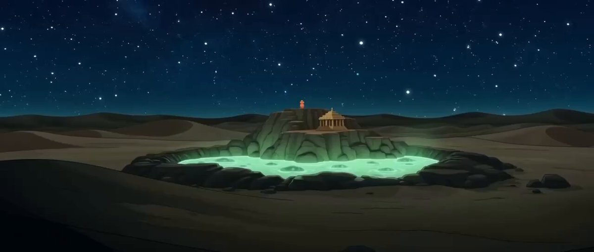 The image features a night scene with a temple nestled within a desert, surrounded by a body of water that glows under the starry sky, giving off a greenish hue that appears to be emanating from the water source itself.